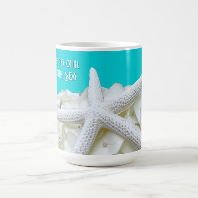 Aqua Starfish Floral Beach House Personalized Mug (Center)