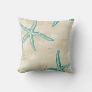 Aqua Starfish, Watercolor Beach Retro Vintage Sand Throw Pillow