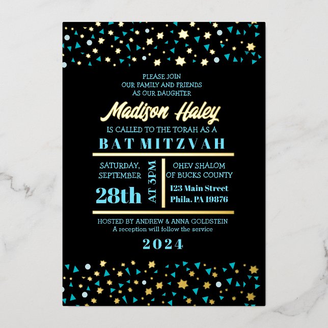 Aqua Stars Bar Bat mitzvah Invitation Gold Foil (Recto)