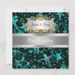Aqua Stars Gris Ribbon Faire-part de mariage