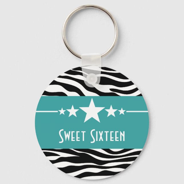 Aqua Stars Zebra Print Sweet 16 Keychain (Front)
