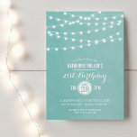 Aqua String Lights 21st Birthday Party Invitation<br><div class="desc">Chic modern summer birthday party invitation design with simple elegant glowing string lights hanging across the top and a classy mix of modern and calligraphy script fonts on a printed faux watercolor texture background. A simple and stylish preppy design, perfect for summer! Click the CUSTOMIZE IT button to customize fonts,...</div>