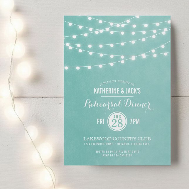 Aqua String Lights Rehearsal Dinner Invitation (Creator Uploaded)
