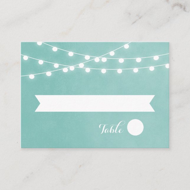 Aqua String Lights Wedding Escort Cards (Front)