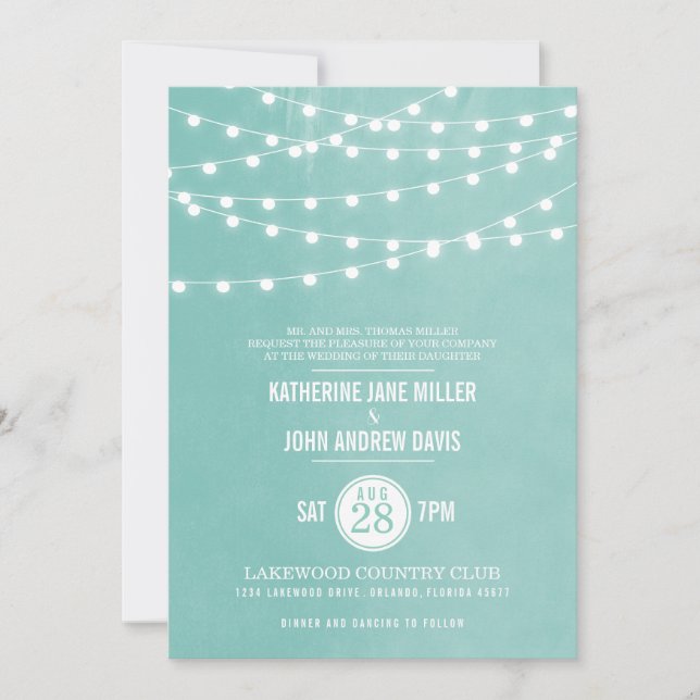 Aqua String Lights Wedding Invitation (Front)