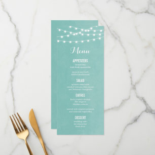 Aqua String Lights Wedding Menu Card