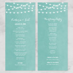 Aqua String Lights Wedding Program<br><div class="desc">Chic modern summer wedding ceremony program template with simple elegant glowing string lights hanging across the top on a printed faux watercolor texture background. A simple and stylish preppy design, perfect for summer! Click the CUSTOMIZE IT button to customize text and fonts, move text around and create your own unique...</div>