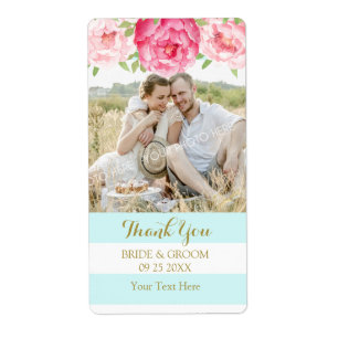 Aqua Stripe Watercolor Floral Photo Wedding Labels