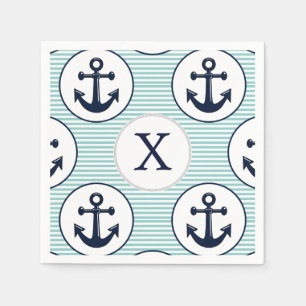 aqua stripes , blue anchor nautical pattern napkin