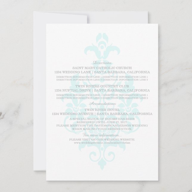 Aqua Subtle Damask Information Card (Front)