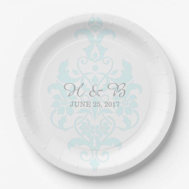 Aqua Subtle Damask Wedding Paper Plates (Front)