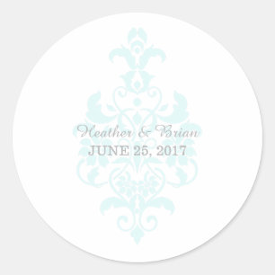 Aqua Subtle Damask Wedding Stickers