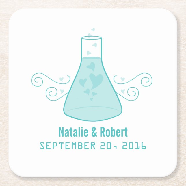 Aqua Sweet Chemistry Wedding Paper Coasters (Front)