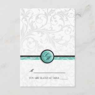 Aqua Swirl Monogram Folding Tent Place Card