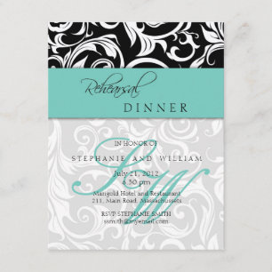 Aqua Swirl Monogram Rehearsal Dinner Card