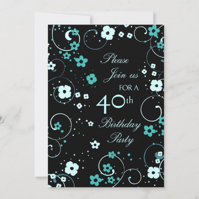 Aqua Swirls 40th Birthday Party Invitation Card (Front)