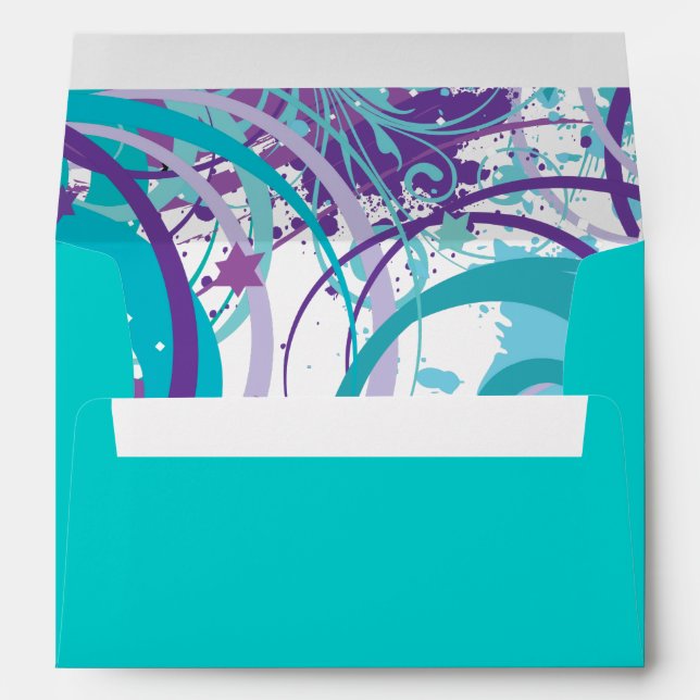 Aqua SWIRLS & STARS Bat mitzvah Enveloppe (Dos (Bas))