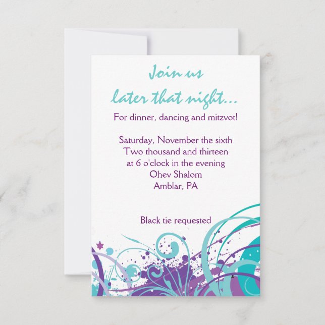 AQUA SWIRLS & STARS Bat Mitzvah Party Card (Front)