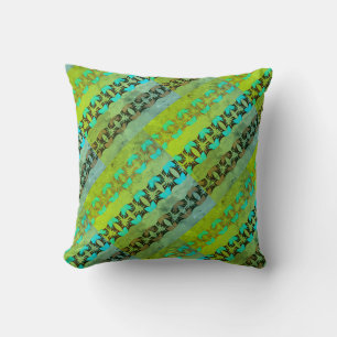 Aqua Tan Black Lime Green Diagonal Mosaic Rows Throw Pillow