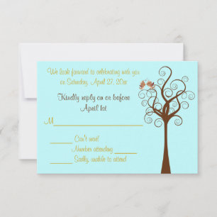 Aqua, Taupe, Brown Lovebirds Wedding RSVP Card