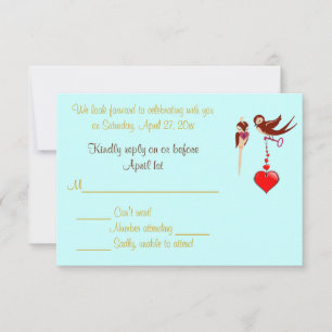 Aqua, Taupe, Lovebirds Wedding RSVP Card