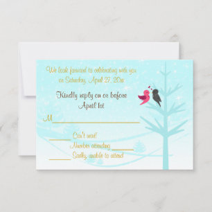 Aqua, Taupe, Lovebirds Wedding RSVP Card