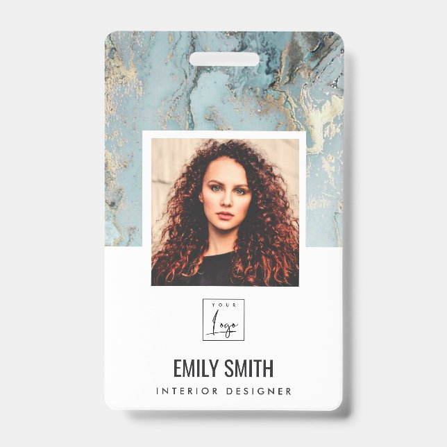 AQUA TEAL AGATE EMPLOYEE PHOTO BAR CODE NAME BADGE (Front)