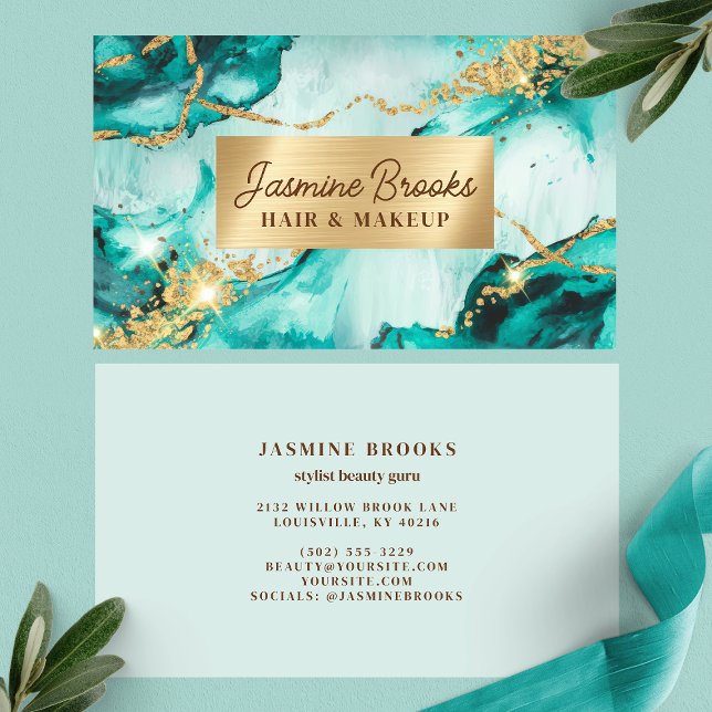 Aqua Teal And Gold Modern Glitter Business Card (Creator Uploaded)