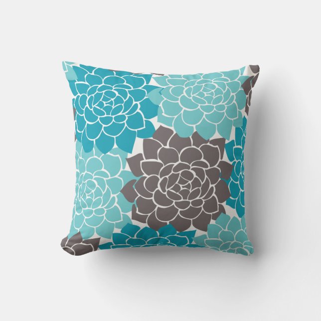 Aqua Teal and Graphite Grey Flower Collage Throw Pillow (Front)