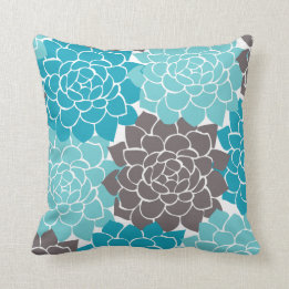 Aqua Teal and Graphite Grey Flower Collage Throw Pillow