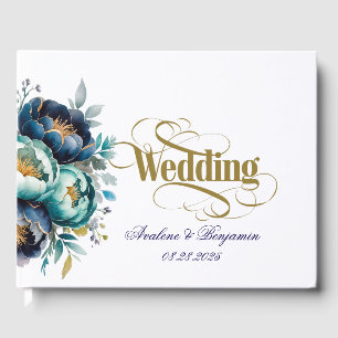 Aqua Teal and Navy Peony Bouquet Wedding Guest Book