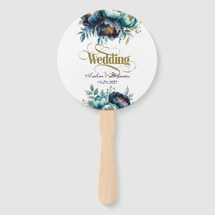Aqua Teal and Navy Peony Bouquet Wedding Hand Fan