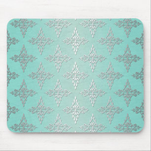 Aqua Teal and Silvery White Damask Pattern Mouse Pad