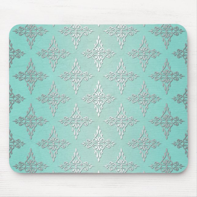 Aqua Teal and Silvery White Damask Pattern Mouse Pad (Front)