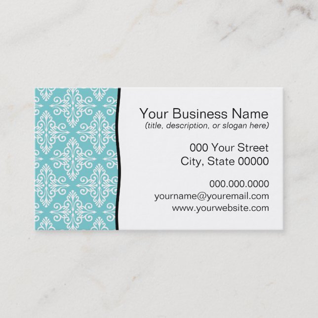 Aqua Teal and White Damask Business Card (Front)
