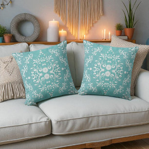 Aqua Teal and White Floral Damask Throw Pillow