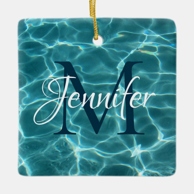 Aqua Teal and White Swimming Pool Photo Monogram Ceramic Ornament (Front)