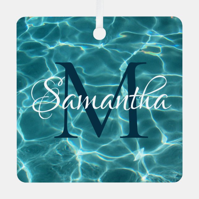 Aqua Teal and White Swimming Pool Photo Monogram Metal Ornament (Front)