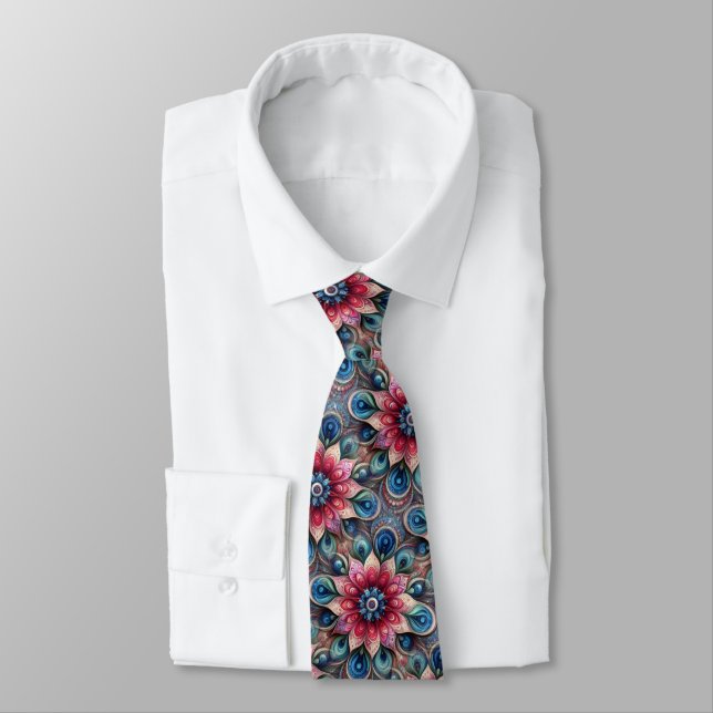 Aqua Teal Azure Blue Beige Paisley Art Pattern Tie (Tied)