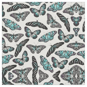 Aqua Teal Black Butterflies Watercolor Pattern Fabric