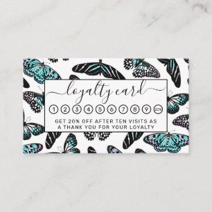 Aqua Teal Black Butterflies Watercolor Pattern Loyalty Card