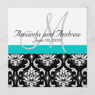 Aqua Teal Black Damask Names Wedding Invitation