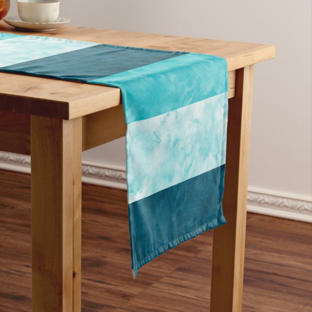 Aqua Teal Block Stripes Short Table Runner (In Situ)