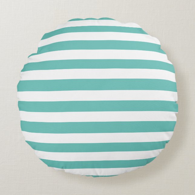 Aqua Teal Blue and White Striped Nautical Coastal  Round Pillow (Front)