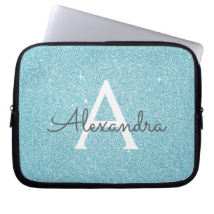 Aqua Teal Blue Glitter and Sparkle Monogram Laptop Sleeve