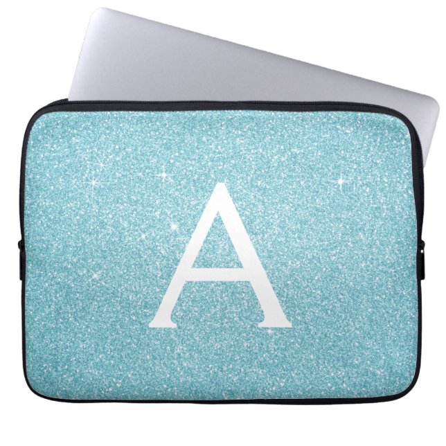 Aqua Teal Blue Glitter and Sparkle Monogram Laptop Sleeve (Front)