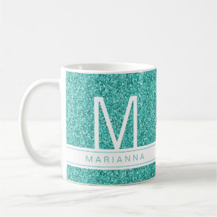Aqua Teal Blue Glitter Monogram Custom Name Coffee Mug
