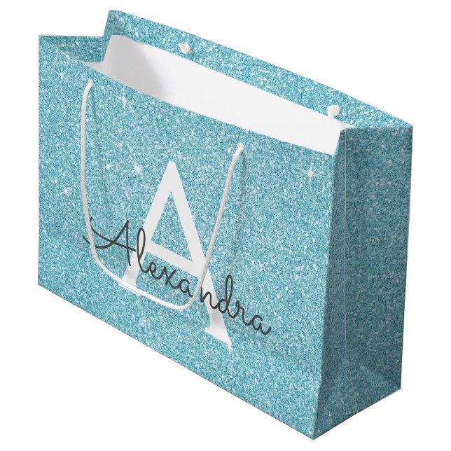 Aqua Teal Blue Glitter & Sparkle Monogram Large Gift Bag (Front Angled)