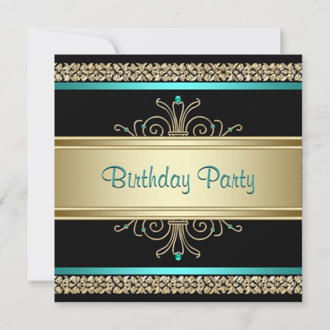 Aqua Teal Blue Gold Black Womans Birthday Party Invitation (Front)