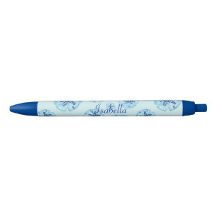 Aqua-teal blue sand dollar-custom monogram-name   black ink pen
